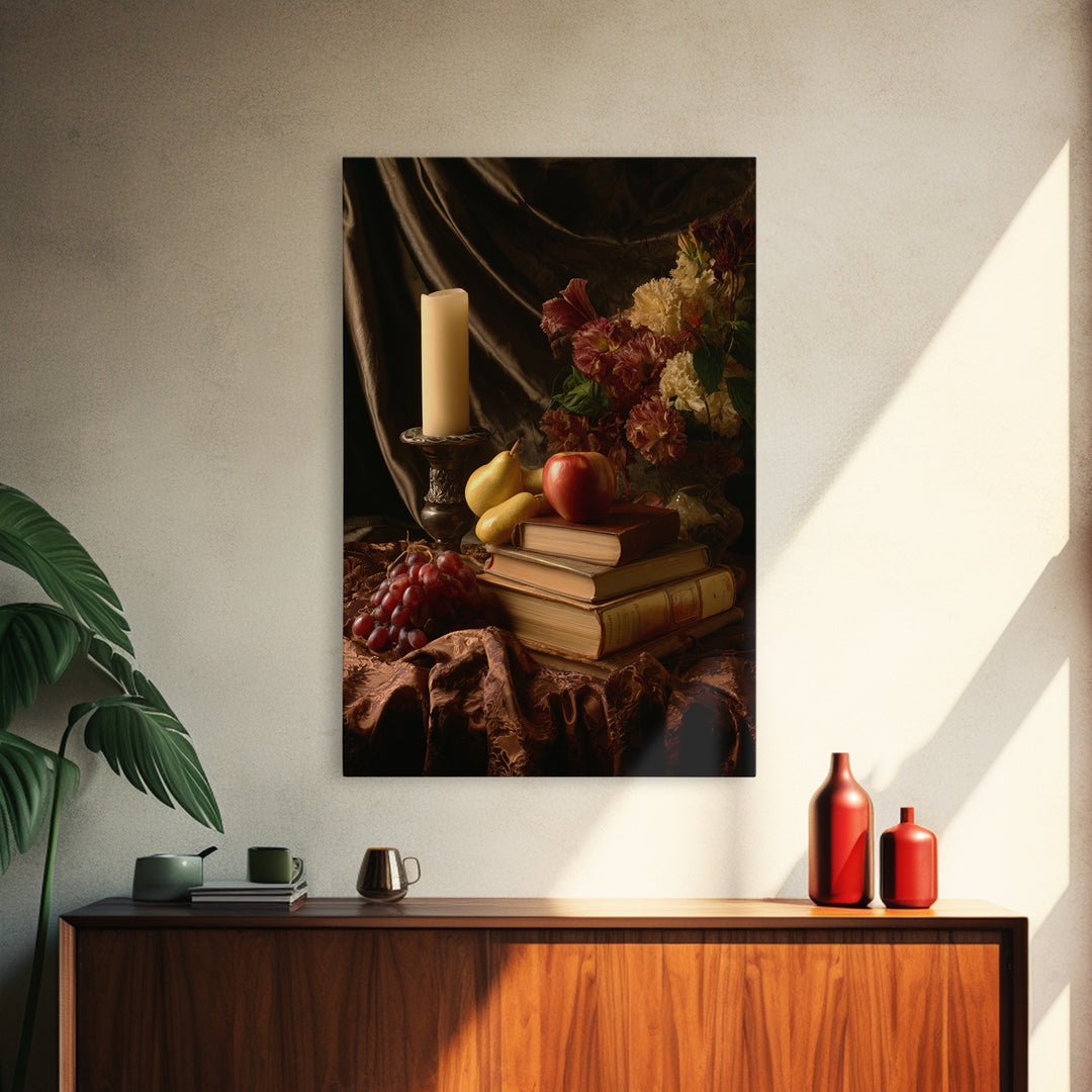 Still Life of Books Candle and Fruit Framed Canvas Print, Traditional Art, Painting, Living Room Decor, Fine Art, Classic, TRA-2x3-100