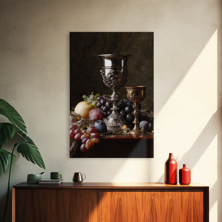 Dutch Fruit and Silver Goblet Still Life Framed Canvas Print, Traditional Art, Living Room Decor, Oil Painting, Classic, TRA-2x3-12