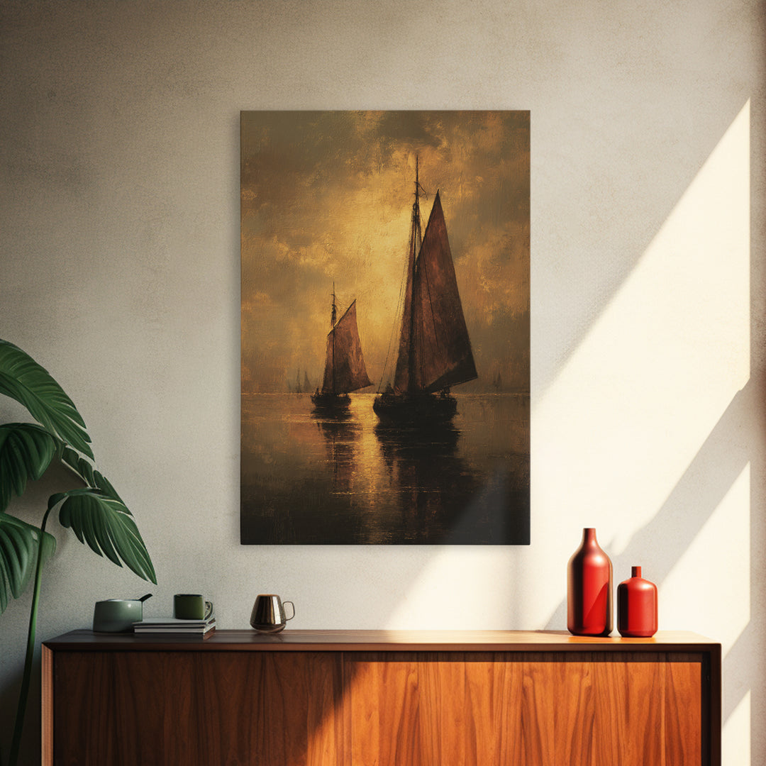 Seascape with Sailboats and Cloudy Sky Framed Canvas Print, Traditional Art, Boho, Living Room Decor, Fine Art, Classic, TRA-2x3-13
