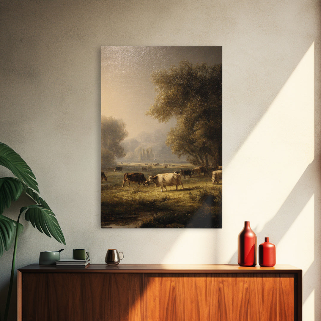 Pastoral Countryside with Cows in Field Canvas Print, Traditional Art, Minimalist Decor, Living Room Decor, Fine Art, Classic, TRA-2x3-15