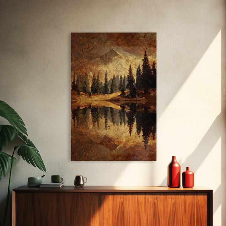 Mountain Lake with Pine Forest Reflection Framed Canvas Print, Traditional Art, Wall Hanging, Living Room Decor, Classic, TRA-2x3-17