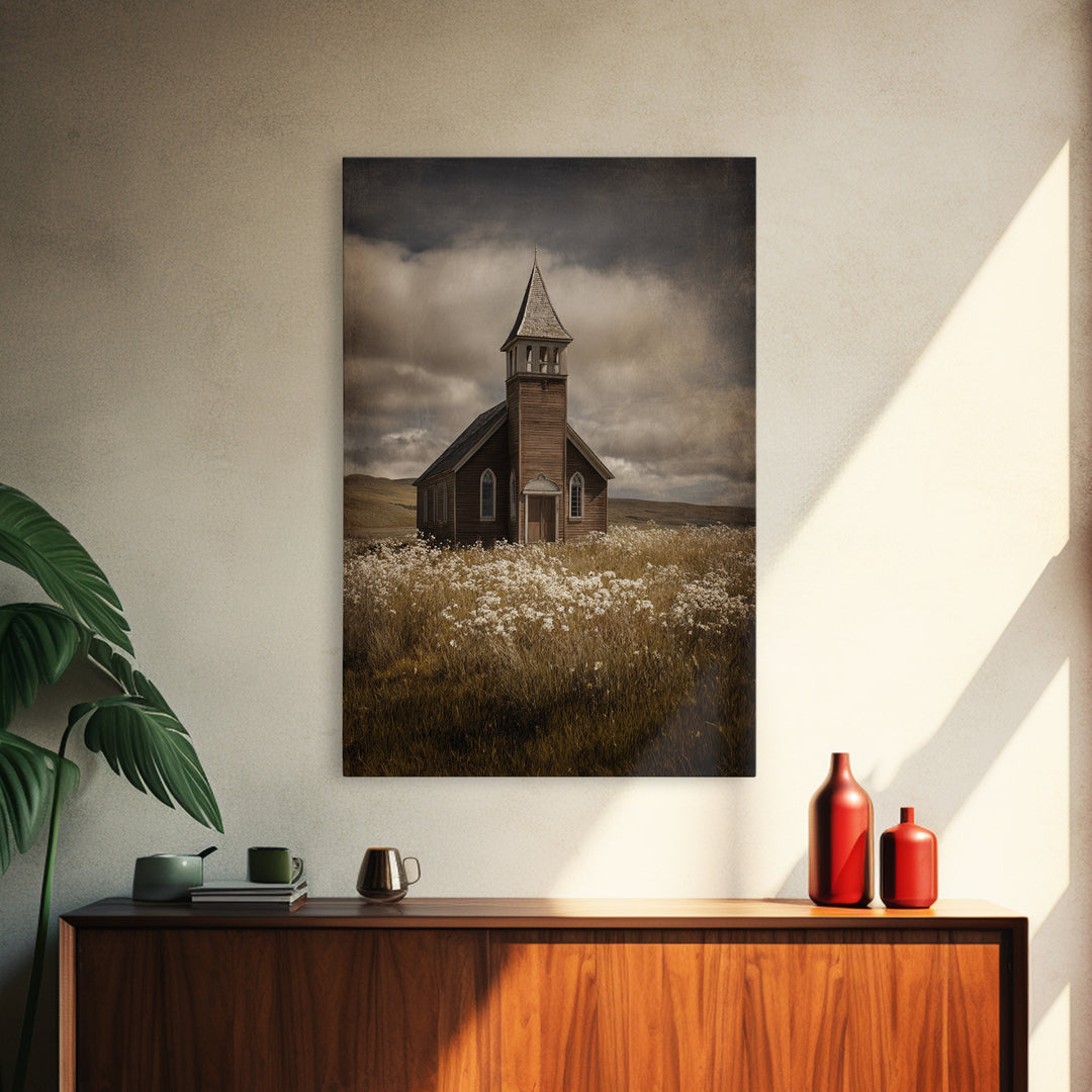 Church Steeple Across Rural Meadow Framed Canvas Print, Traditional Art, Art Print, Living Room Decor, Fine Art, Classic, TRA-2x3-21