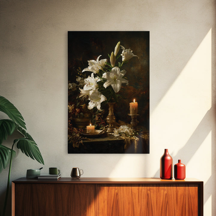 White Lilies on Dark Background Canvas Print, Traditional Art, Decor, Living Room Decor, Fine Art, Classic, Japanese Art, TRA-2x3-23