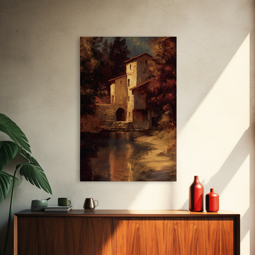 Watermill Beside a Quiet Stream Framed Canvas Print, Traditional Art, Digital Art, Living Room Decor, Fine Art, Classic, TRA-2x3-25