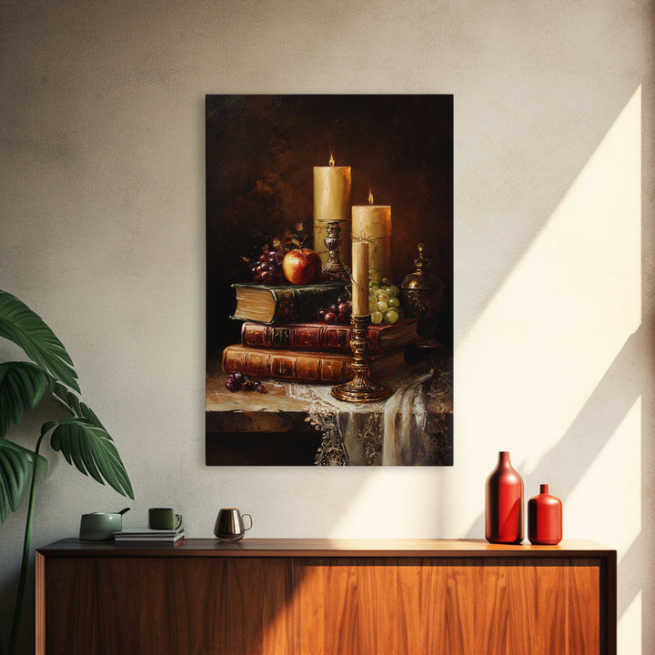 Still Life of Books Candle and Fruit Framed Canvas Print, Traditional Art, Watercolor Art, Living Room Decor, Fine Art, Classic, TRA-2x3-28