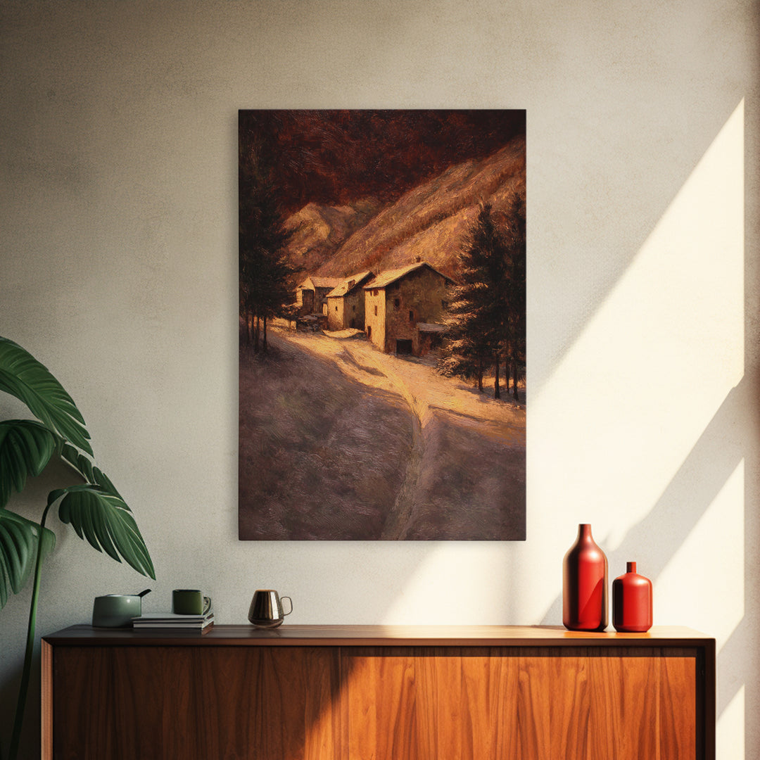 Snowy Village Landscape at Twilight Framed Canvas Print, Traditional Art, Room Decor, Living Room Decor, Fine Art, Classic, TRA-2x3-3