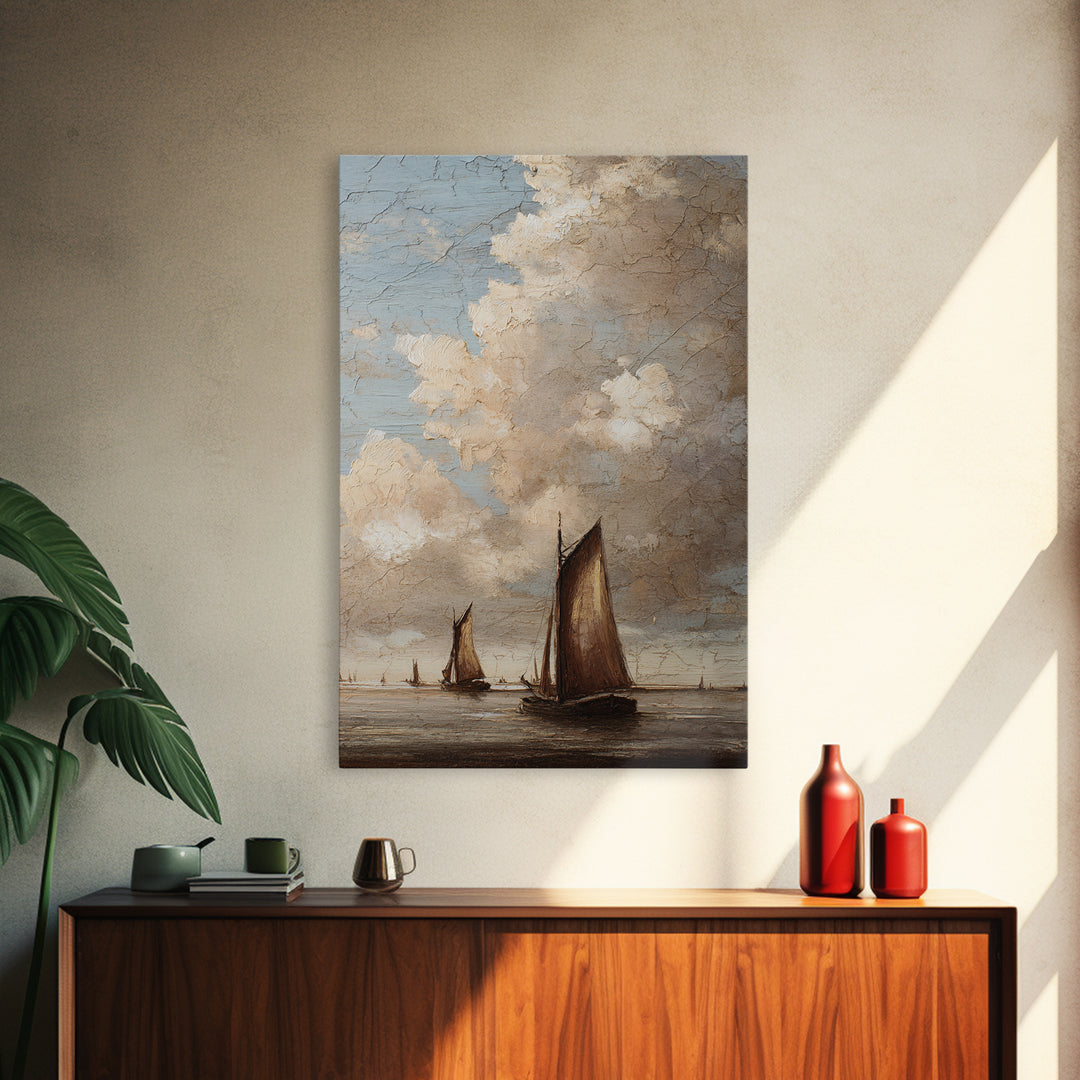 Seascape with Sailboats and Cloudy Sky Framed Canvas Print, Traditional Art, Boho, Living Room Decor, Fine Art, Classic, TRA-2x3-37