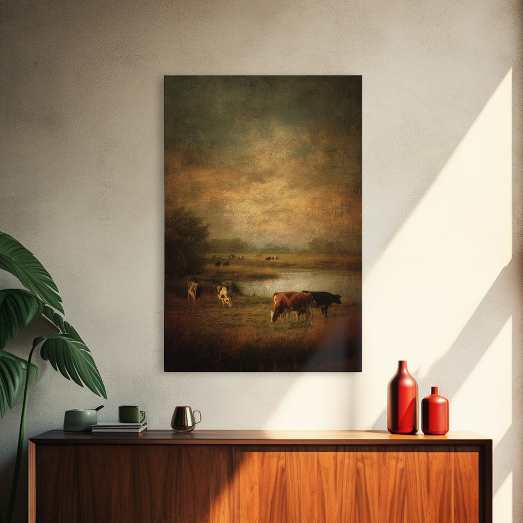 Pastoral Countryside with Cows in Field Canvas Print, Traditional Art, Art Commission, Living Room Decor, Fine Art, Classic, TRA-2x3-39