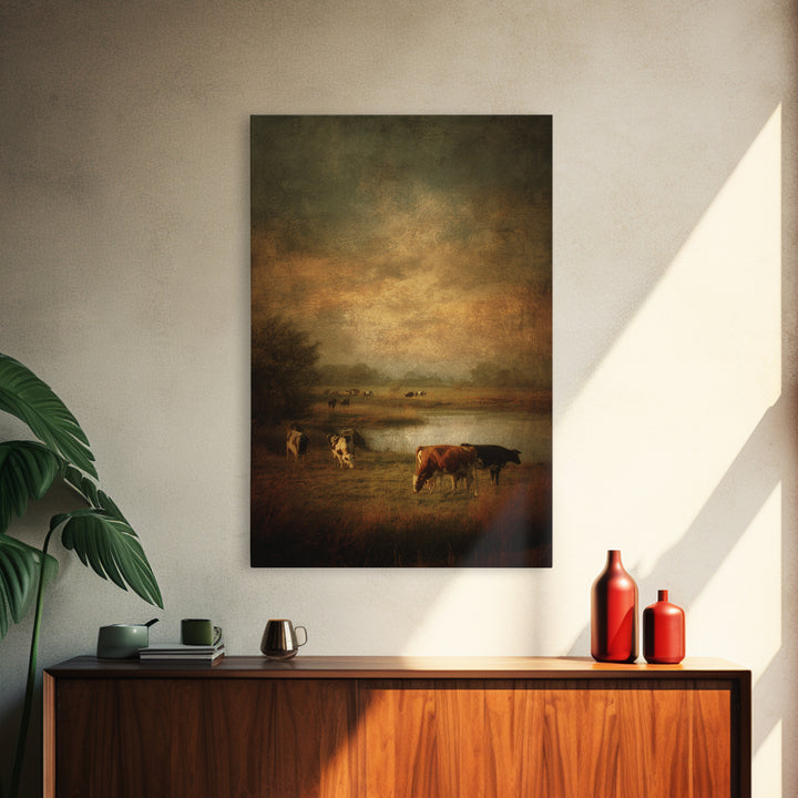 Pastoral Countryside with Cows in Field Canvas Print, Traditional Art, Art Commission, Living Room Decor, Fine Art, Classic, TRA-2x3-39