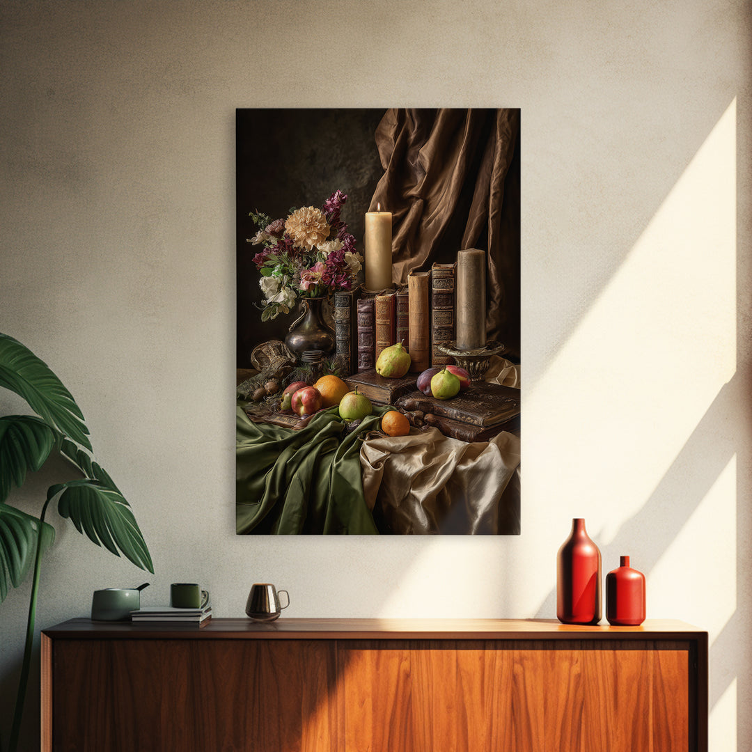 Still Life of Books Candle and Fruit Framed Canvas Print, Traditional Art, Contemporary Art, Living Room Decor, Classic, TRA-2x3-4