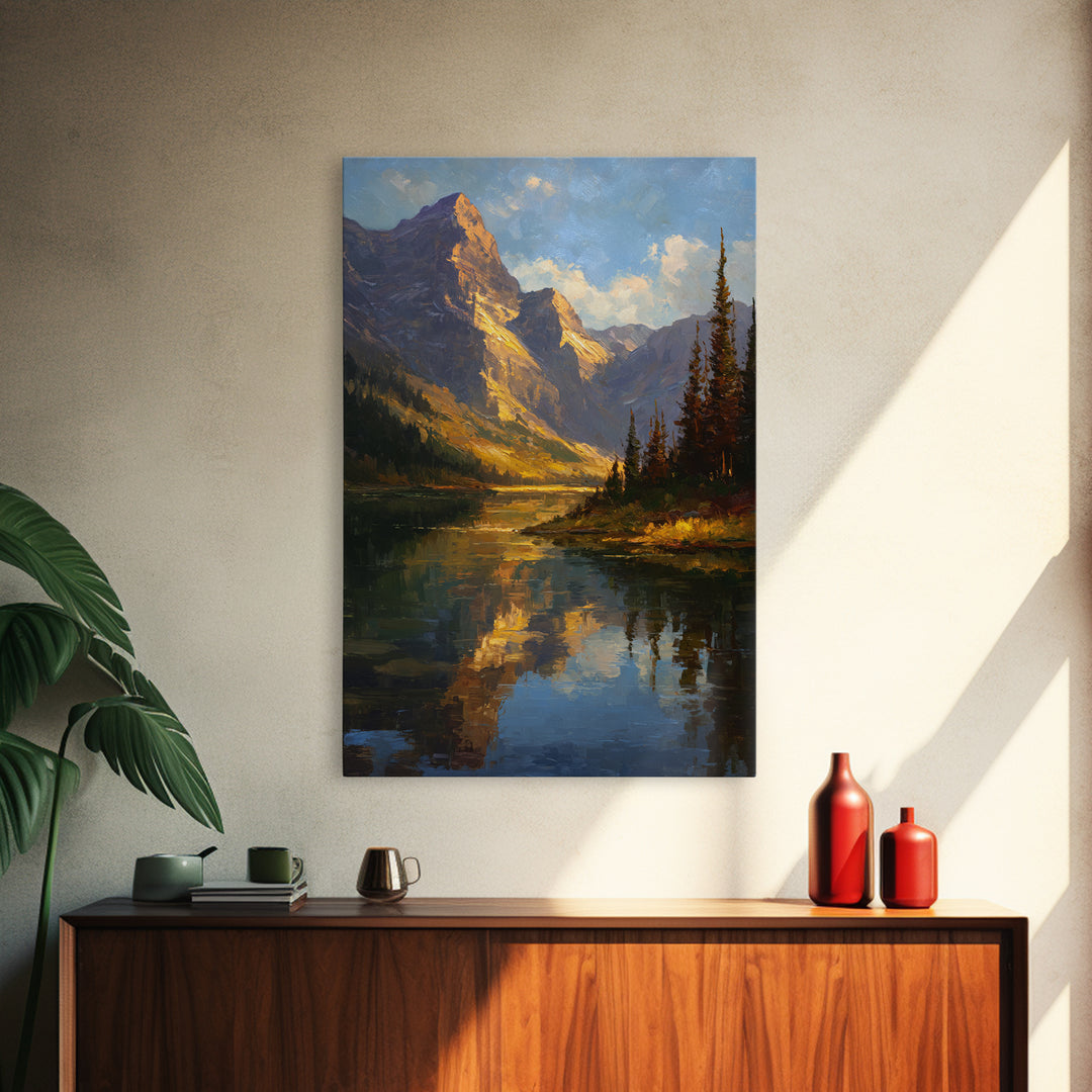 Mountain Lake with Pine Forest Reflection Framed Canvas Print, Traditional Art, Wall Hanging, Living Room Decor, Classic, TRA-2x3-41