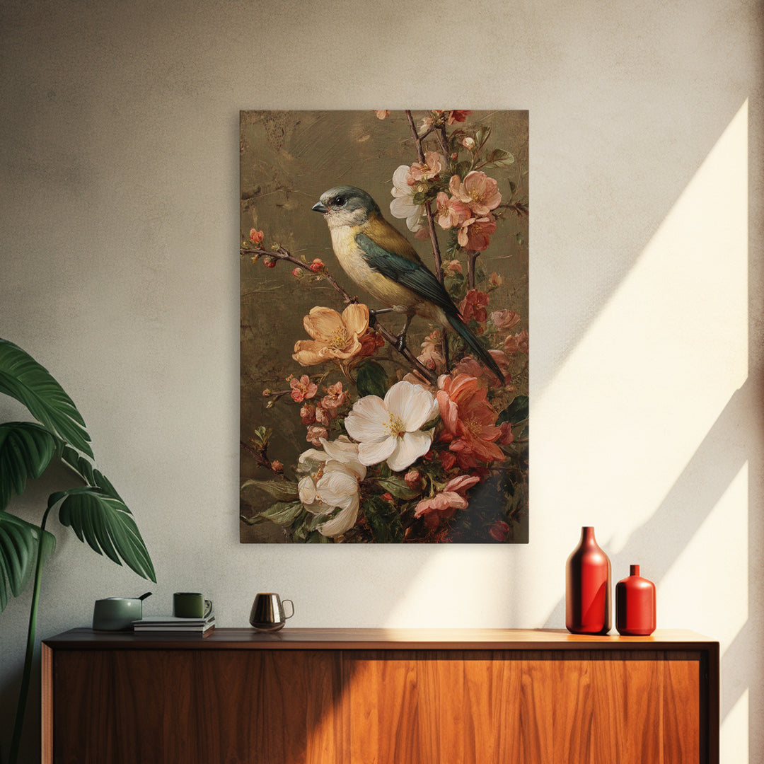 Bird Study on a Flowering Branch Framed Canvas Print, Traditional Art, Home Decor, Living Room Decor, Fine Art, Classic, TRA-2x3-42