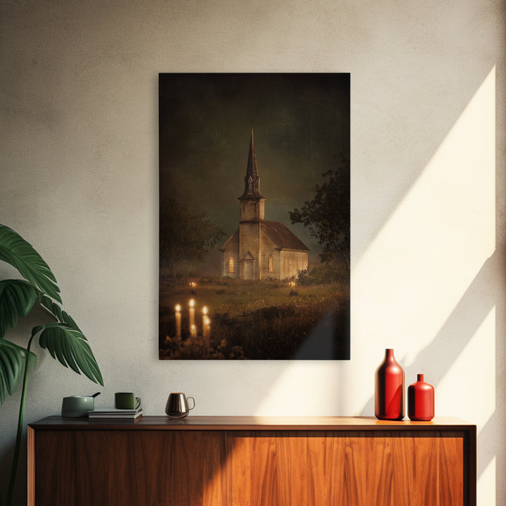 Church Steeple Across Rural Meadow Canvas Print, Traditional Art, Artwork, Living Room Decor, Oil Painting, Classic, TRA-2x3-45