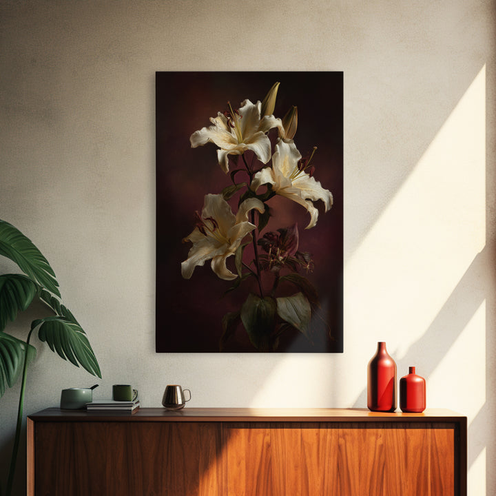 White Lilies on Dark Background Framed Canvas Print, Traditional Art, Wall Hanging, Living Room Decor, Abstract Art, Classic, TRA-2x3-47