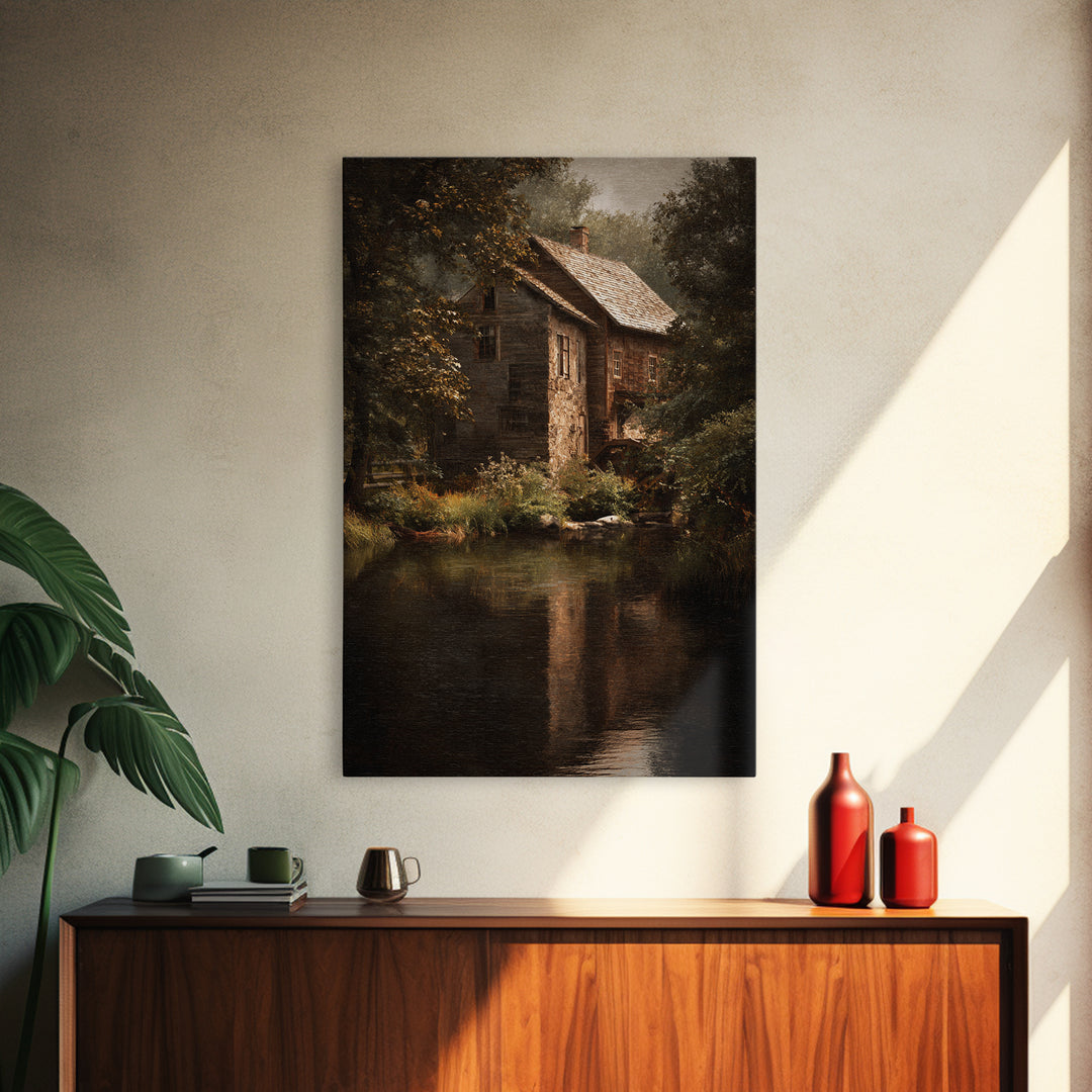 Watermill Beside a Quiet Stream Canvas Print, Traditional Art, Original Art, Living Room Decor, Fine Art, Classic, Landscape, TRA-2x3-49