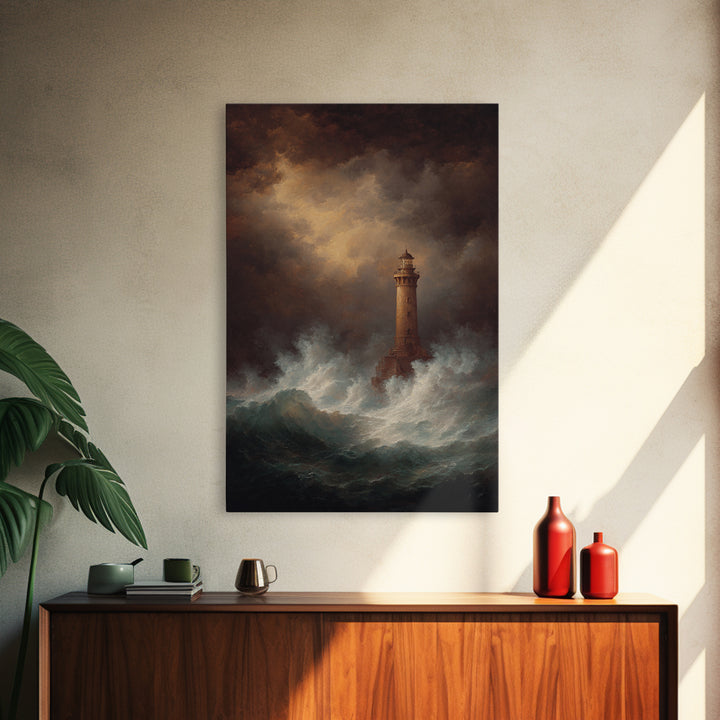 Lighthouse with Crashing Waves Canvas Print, Traditional Art, Canvas, Living Room Decor, Watercolor Art, Classic, Furry Art, TRA-2x3-5