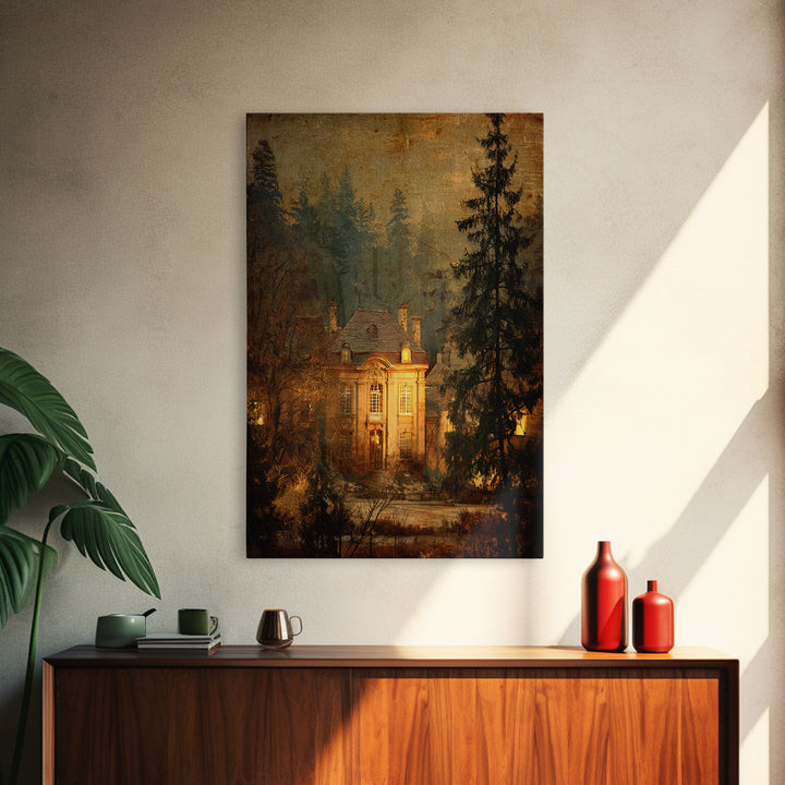 Snowy Village Landscape at Twilight Framed Canvas Print, Traditional Art, Art Print, Living Room Decor, Fine Art, Classic, TRA-2x3-51
