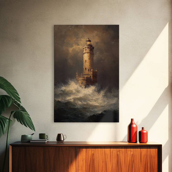Lighthouse with Crashing Waves Framed Canvas Print, Traditional Art, Digital Print, Living Room Decor, Oil Painting, Classic, TRA-2x3-53