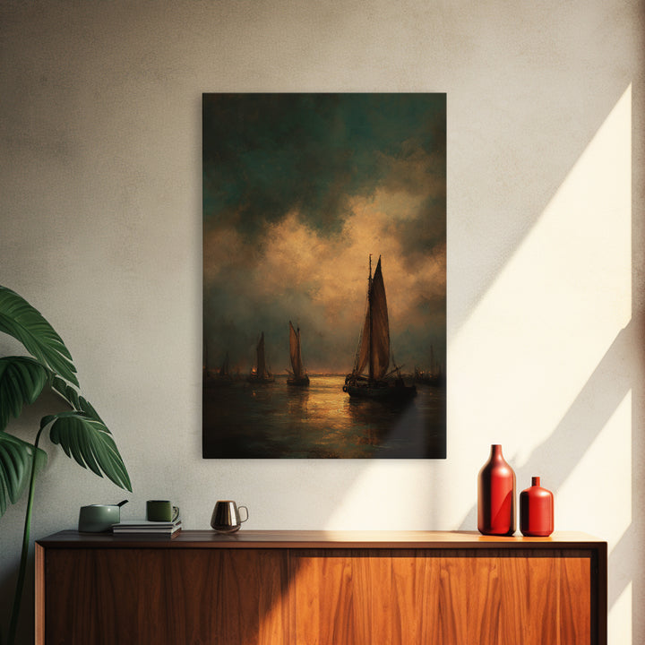 Seascape with Sailboats and Cloudy Sky Canvas Print, Traditional Art, Living Room Decor, Fine Art, Classic, Dark Art, TRA-2x3-61