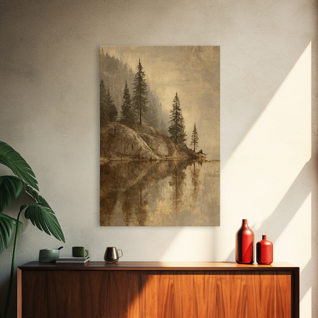 Mountain Lake with Pine Forest Reflection Canvas Print, Traditional Art, Art Commissions, Living Room Decor, Oil Painting, TRA-2x3-65