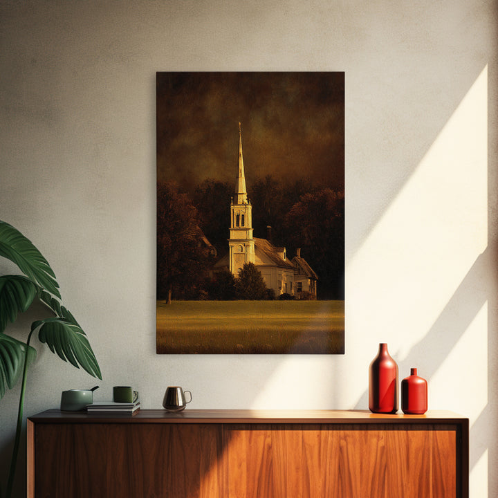 Church Steeple Across Rural Meadow Framed Canvas Print, Traditional Art, Japanese Art, Living Room Decor, Fine Art, Classic, TRA-2x3-69