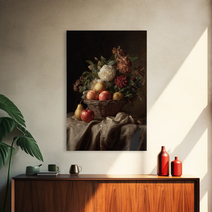 Basket of Apples and Pears on Linen Framed Canvas Print, Traditional Art, Canvas, Living Room Decor, Abstract Art, Classic, TRA-2x3-74