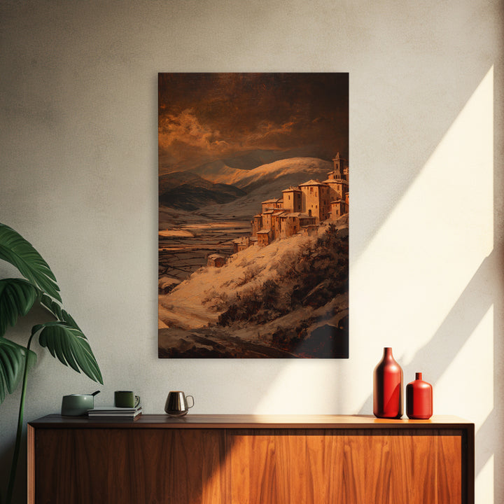 Snowy Village Landscape at Twilight Framed Canvas Print, Traditional Art, Japanese Art, Living Room Decor, Fine Art, Classic, TRA-2x3-75