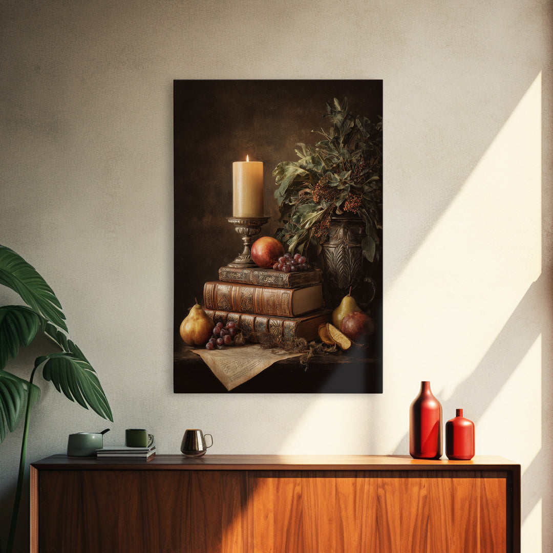Still Life of Books Candle and Fruit Framed Canvas Print, Traditional Art, Indian Decor, Living Room Decor, Fine Art, Classic, TRA-2x3-76