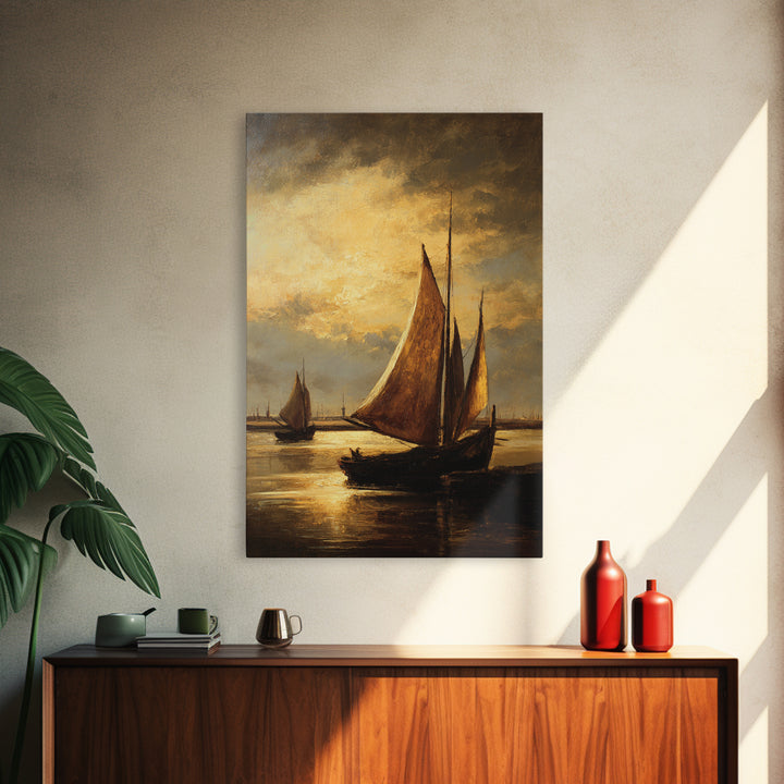 Seascape with Sailboats and Cloudy Sky Framed Canvas Print, Traditional Art, Watercolor Art, Living Room Decor, Classic, TRA-2x3-85