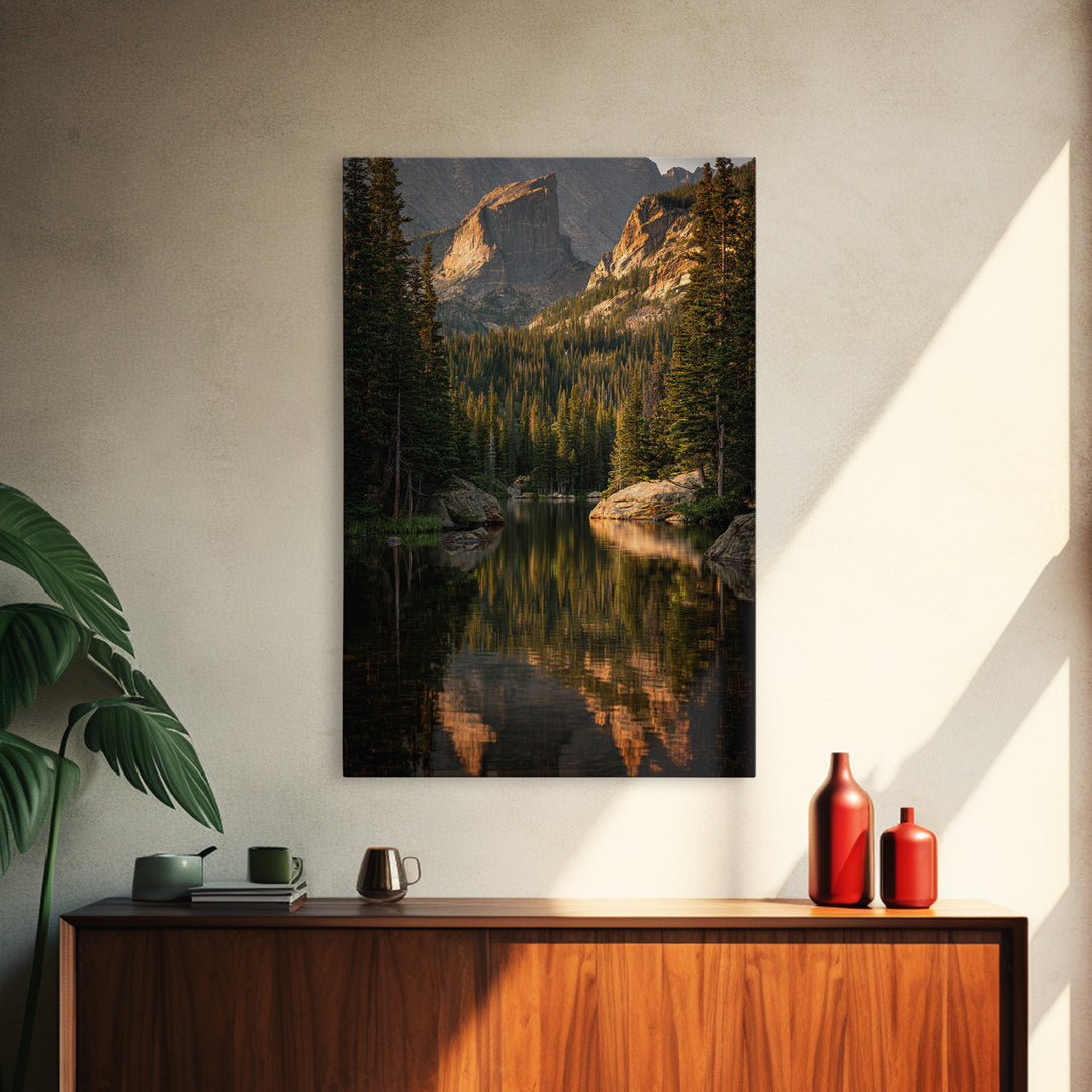 Mountain Lake with Pine Forest Reflection Framed Canvas Print, Traditional Art, Indian Wall Art, Living Room Decor, Classic, TRA-2x3-89