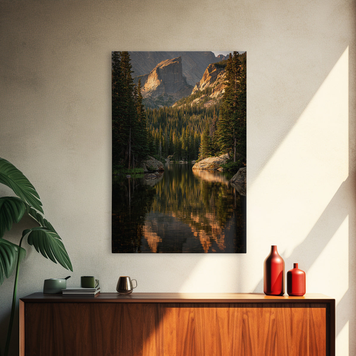 Mountain Lake with Pine Forest Reflection Framed Canvas Print, Traditional Art, Indian Wall Art, Living Room Decor, Classic, TRA-2x3-89