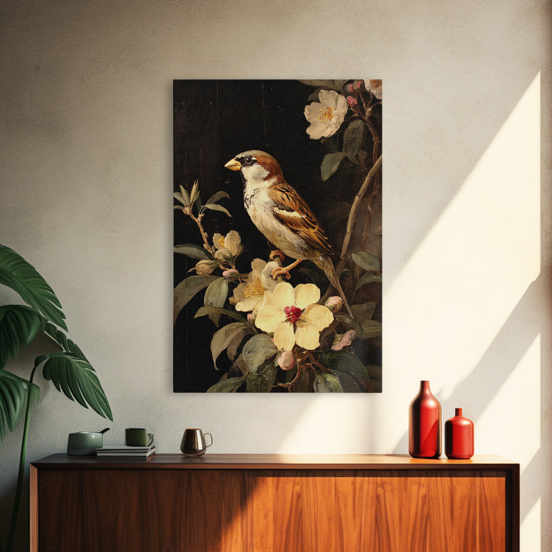 Bird Study on a Flowering Branch Framed Canvas Print, Traditional Art, Artwork, Living Room Decor, Oil Painting, Classic, TRA-2x3-90