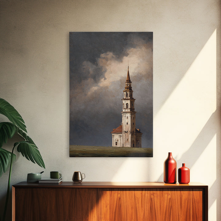 Church Steeple Across Rural Meadow Framed Canvas Print, Traditional Art, Japanese Art, Living Room Decor, Fine Art, Classic, TRA-2x3-93