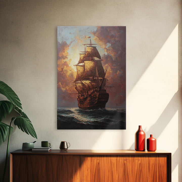 Ship at Sea Framed Canvas Print, Traditional Art, Original Art, Living Room Decor, Fine Art, Classic, Landscape, Indian Art, TRA-2x3-94