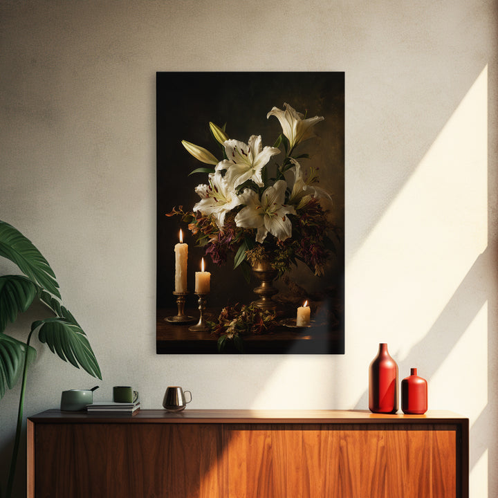 White Lilies on Dark Background Canvas Print, Traditional Art, Dark Art, Living Room Decor, Oil Painting, Classic, TRA-2x3-95