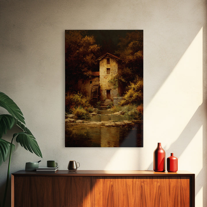 Watermill Beside a Quiet Stream Framed Canvas Print, Traditional Art, Canvas Print, Living Room Decor, Fine Art, Classic, TRA-2x3-97
