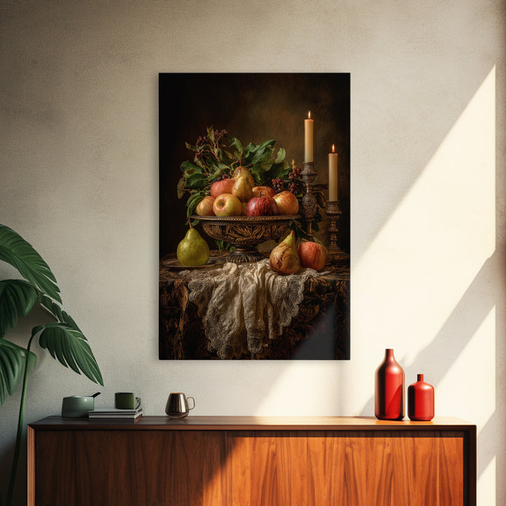 Basket of Apples and Pears on Linen Framed Canvas Print, Traditional Art, Canvas, Living Room Decor, Abstract Art, Classic, TRA-2x3-98
