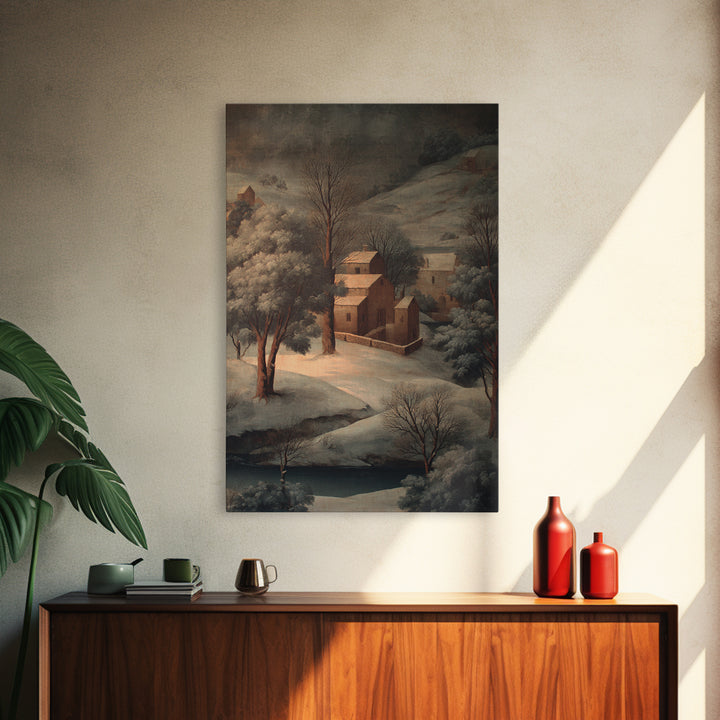 Snowy Village Landscape at Twilight Canvas Print, Traditional Art, Japanese Decor, Living Room Decor, Fine Art, Classic, TRA-2x3-99