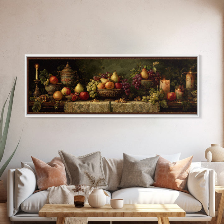 Basket of Apples and Pears on Linen Framed Canvas Print, Traditional Art, Decor, Living Room Decor, Abstract Art, Classic, TRA-3x1-10