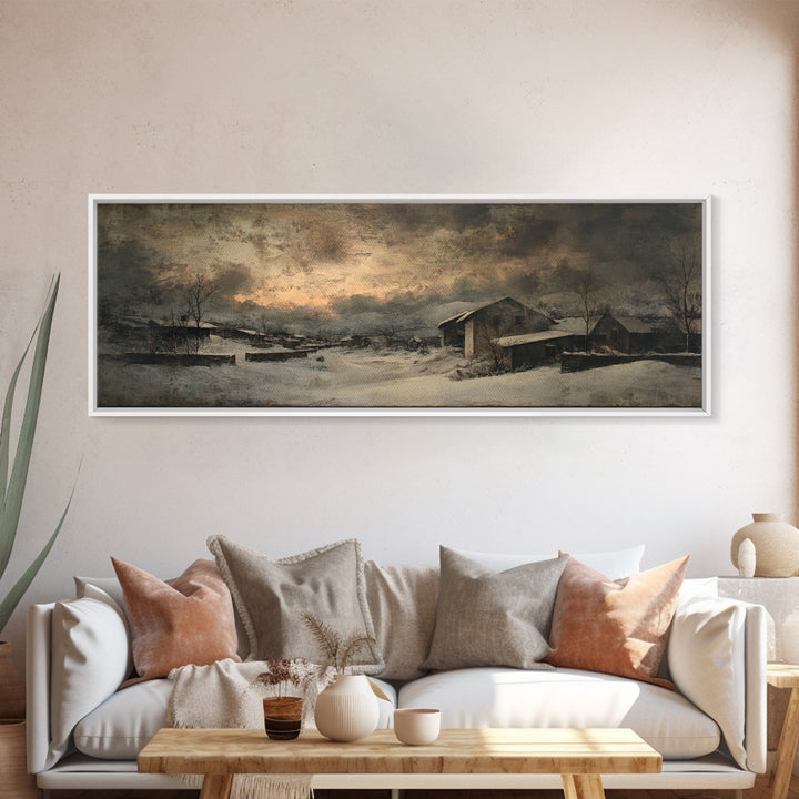 Snowy Village Landscape at Twilight Canvas Print, Traditional Art, Pokemon Poster, Living Room Decor, Watercolor Art, Classic, TRA-3x1-11