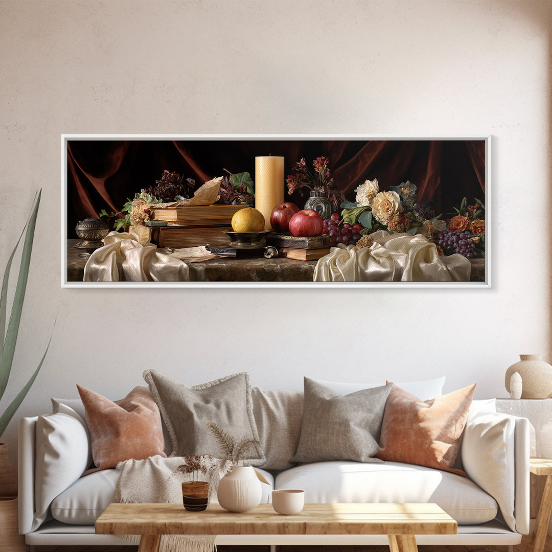 Still Life of Books Candle and Fruit Framed Canvas Print, Traditional Art, Indian Decor, Living Room Decor, Fine Art, Classic, TRA-3x1-12