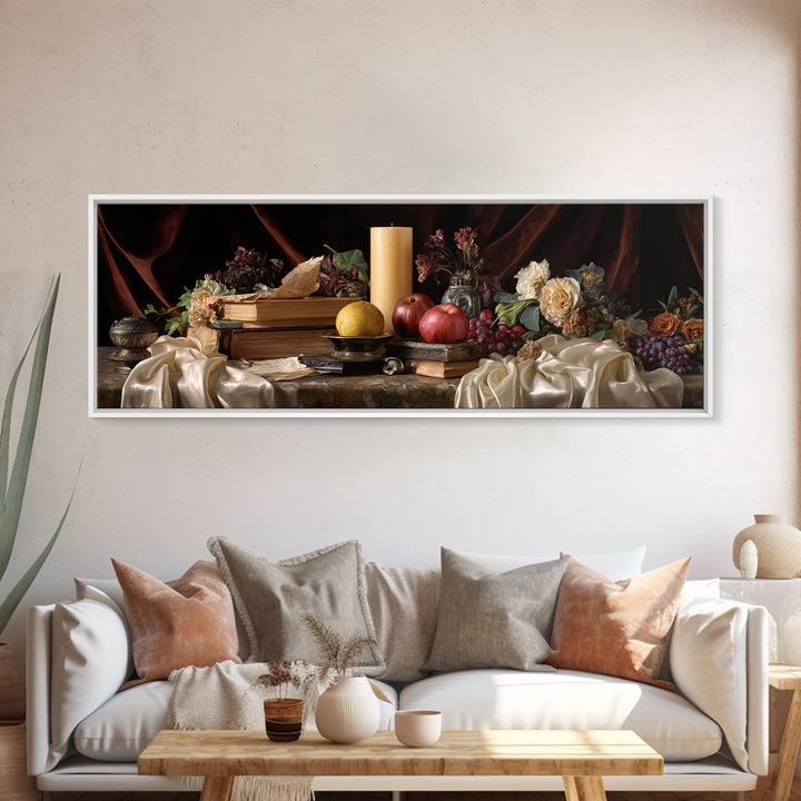 Still Life of Books Candle and Fruit Framed Canvas Print, Traditional Art, Indian Decor, Living Room Decor, Fine Art, Classic, TRA-3x1-12