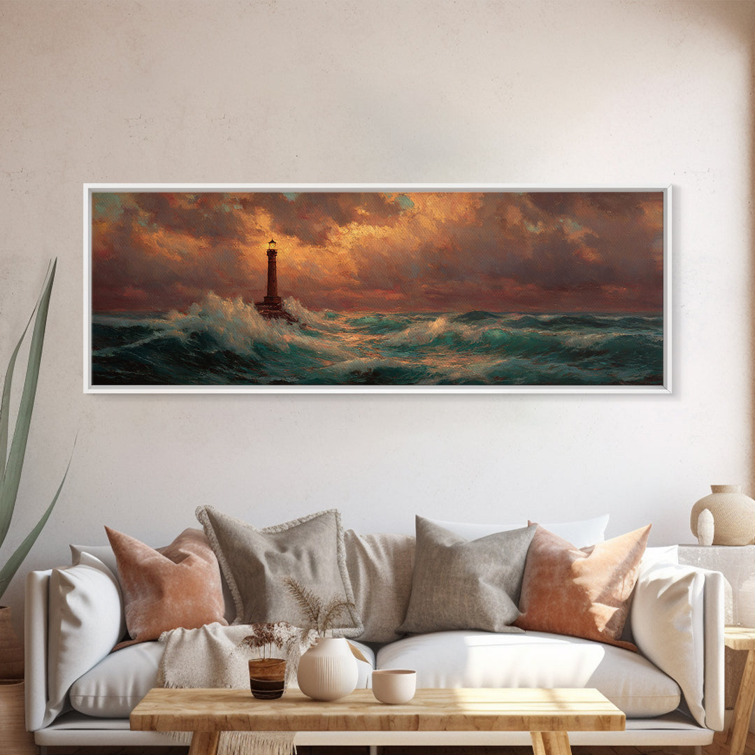 Lighthouse with Crashing Waves Canvas Print, Traditional Art, Art Commissions, Living Room Decor, Classic, Pokemon Poster, TRA-3x1-13