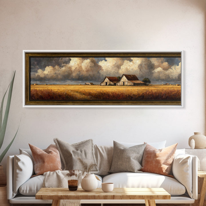 Barn and Farmland Framed Canvas Print, Traditional Art, Gallery Decor, Living Room Decor, Fine Art, Classic, Wall Art, TRA-3x1-15