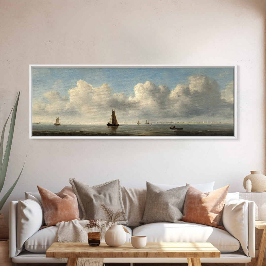 Seascape with Sailboats and Cloudy Sky Canvas Print, Traditional Art, Indian Decor, Living Room Decor, Fine Art, Classic, TRA-3x1-21