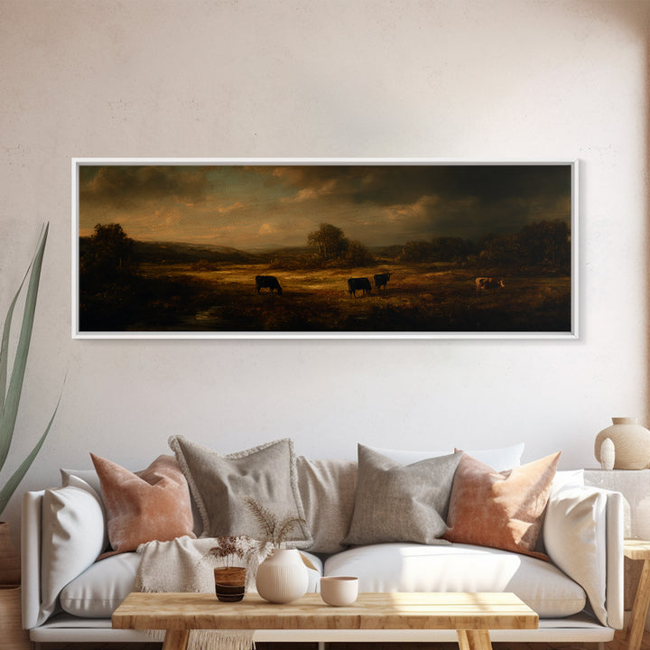 Pastoral Countryside with Cows in Field Framed Canvas Print, Traditional Art, Room Decor, Living Room Decor, Fine Art, Classic, TRA-3x1-23