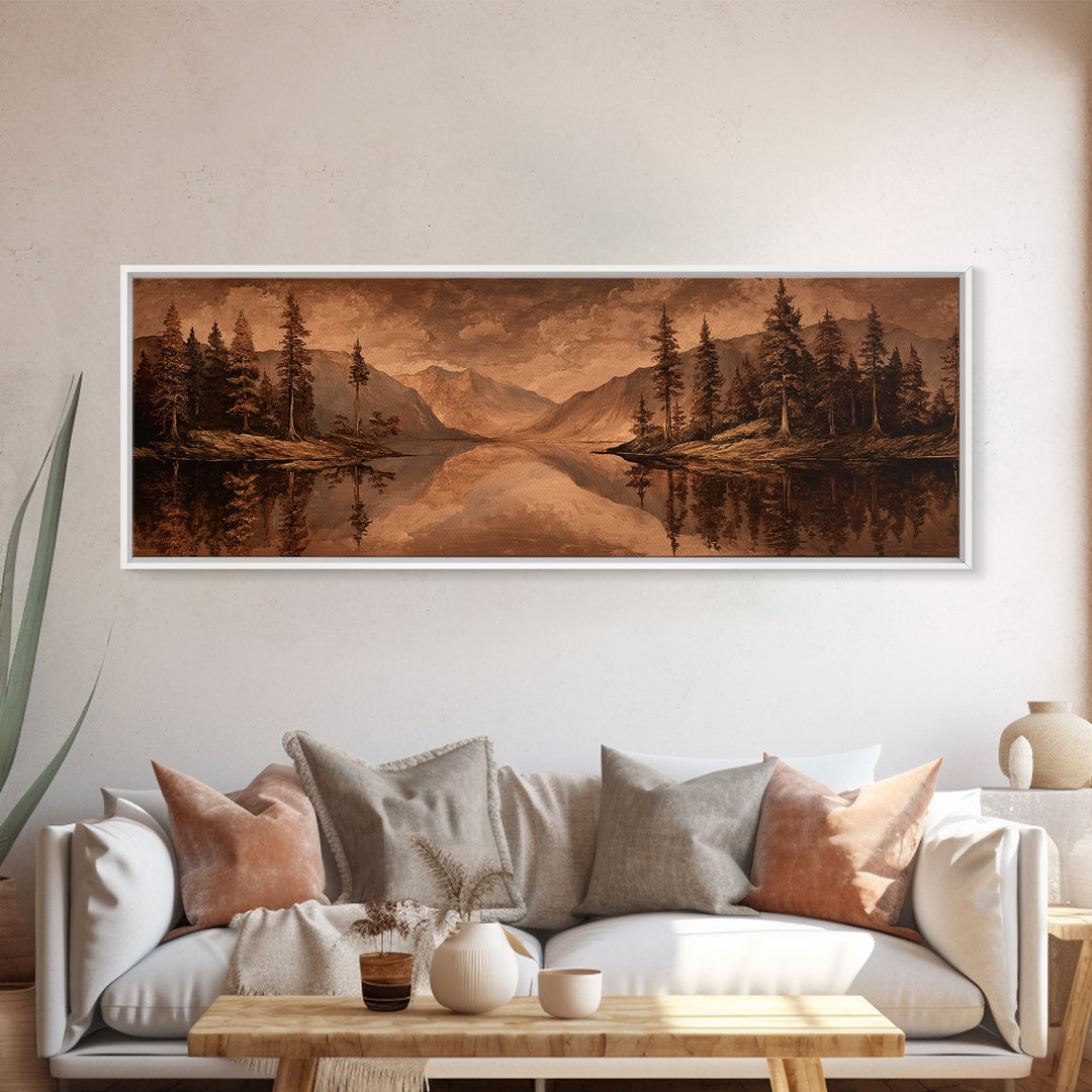 Mountain Lake with Pine Forest Reflection Canvas Print, Traditional Art, Landscape, Living Room Decor, Fine Art, Classic, TRA-3x1-25
