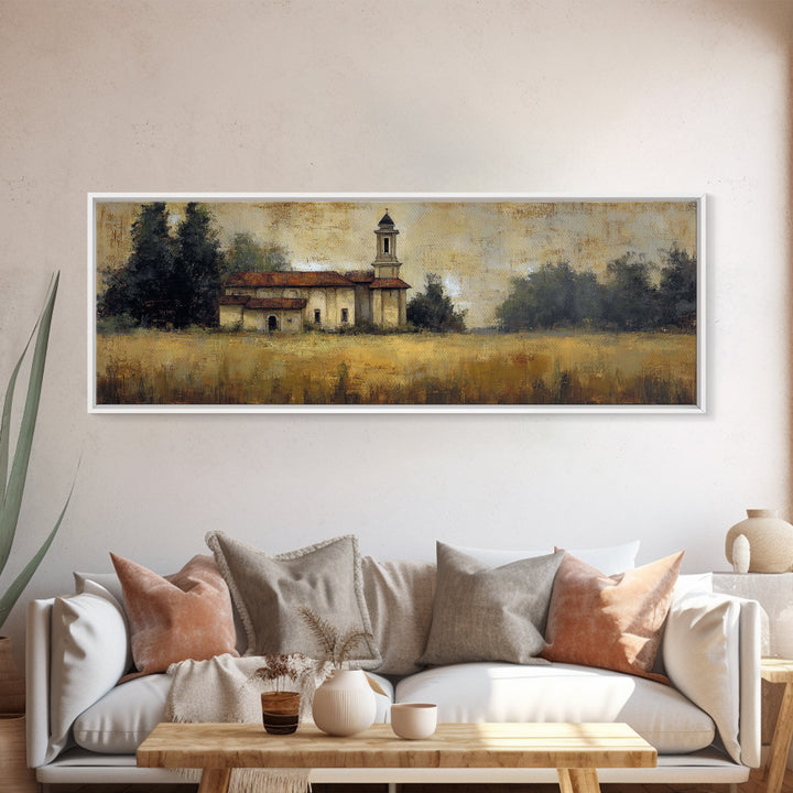 Church Steeple Across Rural Meadow Canvas Print, Traditional Art, Furry Art, Living Room Decor, Classic, Fine Art Print, TRA-3x1-29