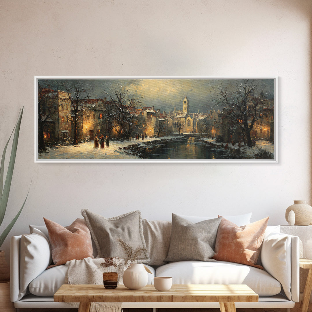 Snowy Village Landscape at Twilight Canvas Print, Traditional Art, Minimalist Decor, Living Room Decor, Oil Painting, Classic, TRA-3x1-35