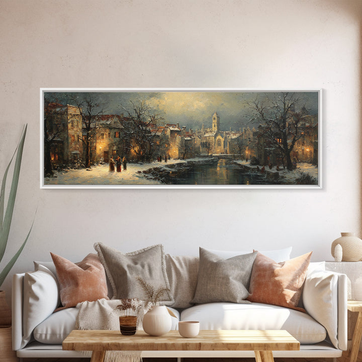 Snowy Village Landscape at Twilight Canvas Print, Traditional Art, Minimalist Decor, Living Room Decor, Oil Painting, Classic, TRA-3x1-35